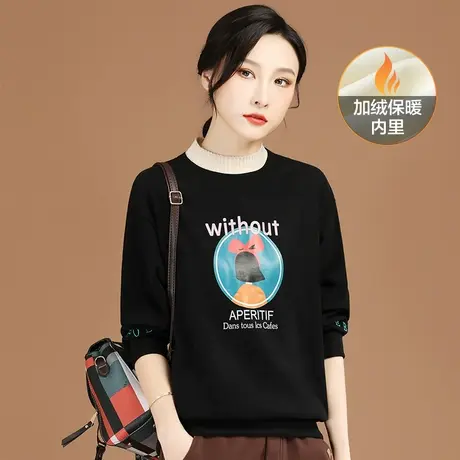 韩潮袭人半高领套头印花加绒卫衣女2023冬季新款宽松休闲长袖上衣商品大图