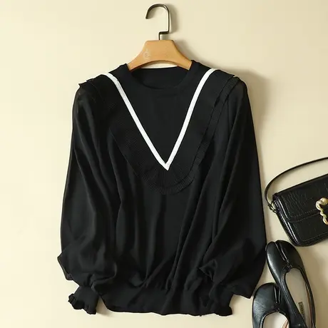 春装2024年新款雪纺袖冰丝针织衫女长袖宽松上衣洋气蕾丝打底衫女图片