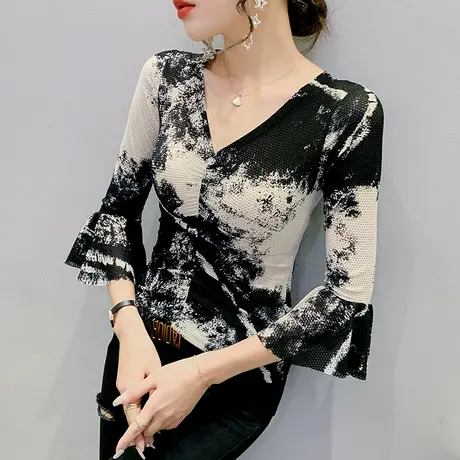 复古水墨画印花T恤女中袖春秋设计感薄款荷叶袖上衣修身气质小衫商品大图