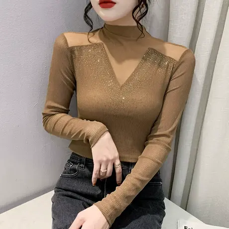 网纱拼接半高领打底衫女秋冬时尚内搭上衣重工烫钻性感长袖T恤ins商品大图