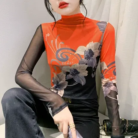 加绒加厚高领T恤女长袖性感网纱扎染印花上衣洋气修身气质打底衫商品大图