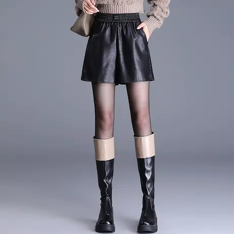 时髦松紧腰显瘦宽松PU皮短裤女2023秋季新款遮肉外穿休闲阔腿裤子图片