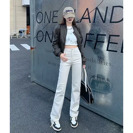 白色高腰直筒牛仔裤女秋冬2024年新款今年流行显瘦窄版阔腿烟管裤商品大图