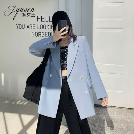 蓝色西装外套女春秋季韩版简约气质时尚减龄宽松休闲网红小西服潮图片