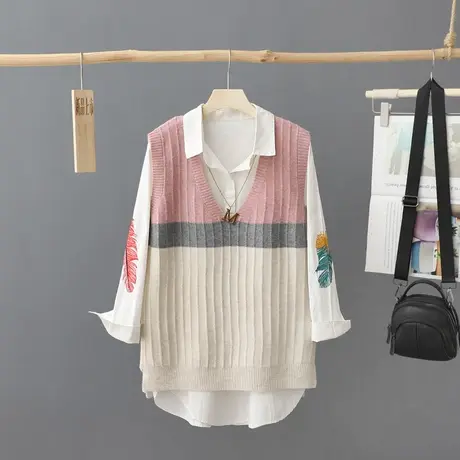 秋季新款中长款拼接V领针织马夹女背心套头宽松外搭内穿坎肩毛衣图片