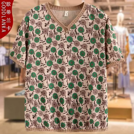 40-50岁中年妈妈夏季短袖T恤200斤大码洋气中老年女装V领印花上衣商品大图