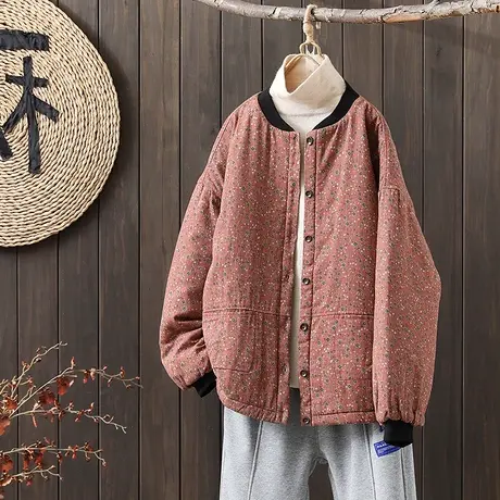 枫谜2022年冬季新款文艺复古碎花棉麻夹棉短款百搭宽松保暖棉袄图片