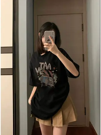 美式复古纯棉短袖t恤女2023夏季宽松潮牌ins设计感小众半袖上衣服商品大图