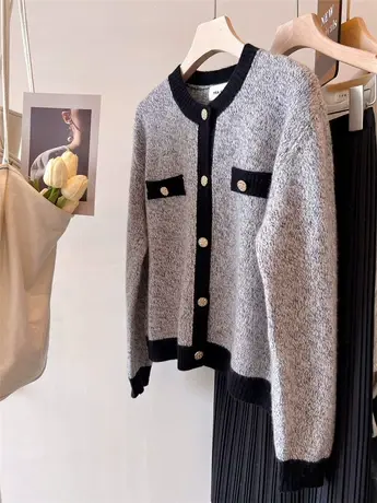 每个纽扣都高级 显气质 韩货新品羊毛小香风加厚毛衣外套女 上衣商品大图