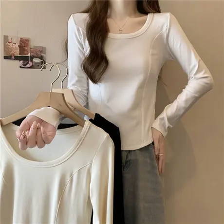 鱼骨双面磨毛德绒打底衫女内搭短款上衣秋冬加绒加厚长袖T恤洋气商品大图