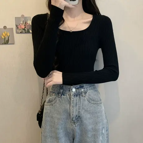 大码胖mm显瘦方领打底衫ins修身百搭慵懒风基础内搭秋冬针织毛衣图片