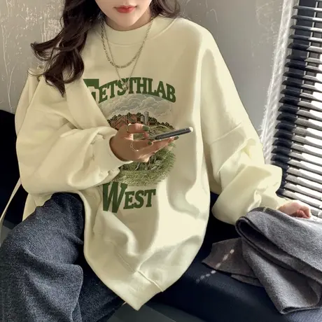 港风百搭圆领卫衣chic复古大码秋季闺蜜装外套ins潮套头薄款上衣商品大图