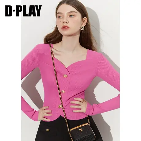 DPLAY2023秋复古宫廷式玫粉色短款修身假门襟金属纽扣装饰针织衫商品大图