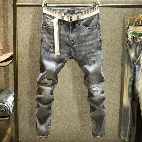 夏季显瘦牛仔裤男款黑灰色破洞小脚裤高品质水洗补丁乞丐裤子薄款商品大图