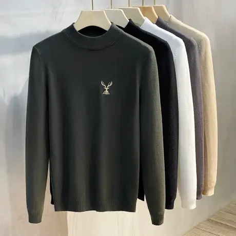 2023年秋冬小鹿刺绣半高领毛衣男中领针织衫打底衫韩版潮流加绒厚商品大图