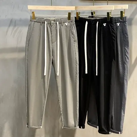 休闲裤男直筒宽松韩版潮流松紧卡其色男裤子夏季薄款男士九分长裤商品大图