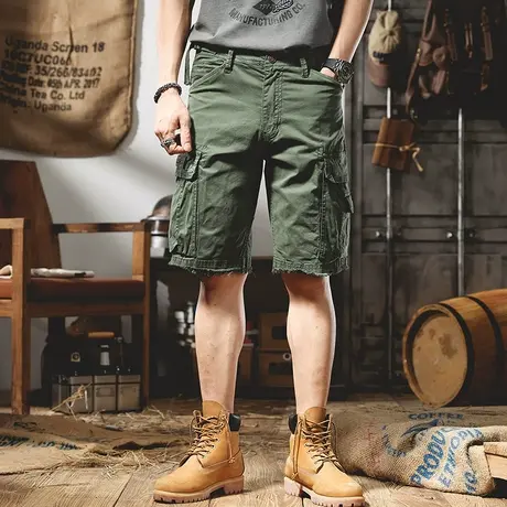 余文乐军绿色休闲短裤男士潮流百搭五分裤子男生工装短裤夏季薄款图片