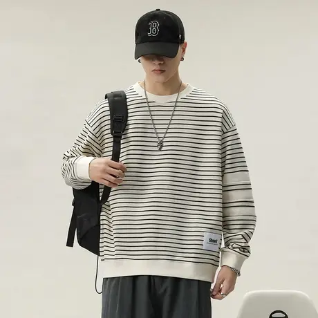 圆领时尚卫衣男秋冬条纹宽松百搭卫衣针织毛衣时尚高档男士卫衣商品大图