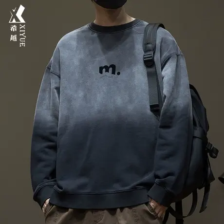 设计感渐变印花男士卫衣春秋宽松大码加肥加大重磅水洗套头打底衫商品大图