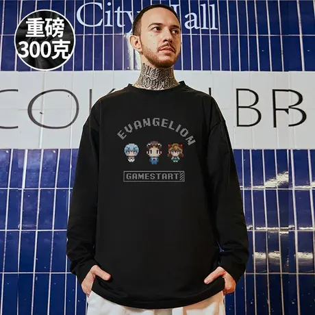 日系简约纯棉长袖t恤男卡通情侣潮牌宽松百搭黑色打底衫大码男装商品大图