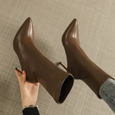 性感尖头高跟鞋女细跟靴子2024年新款秋冬软皮弹力瘦瘦靴中筒短靴商品大图