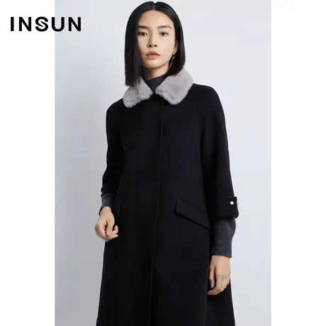 INSUN恩裳冬季水貂毛西装领羊毛毛呢大衣外套图片