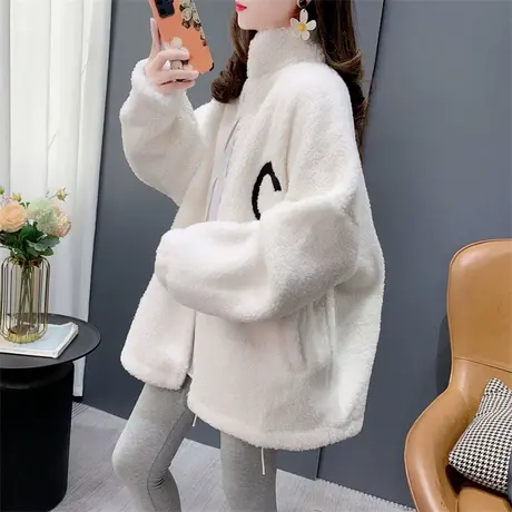 白色羊羔毛立领卫衣外套女冬季2023年新款宽松加厚爆款百搭上衣服商品大图