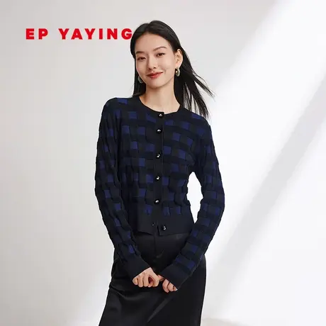 EP YAYING雅莹女装 复古棋盘格提花棉针织衫 2024早春新品9108A商品大图