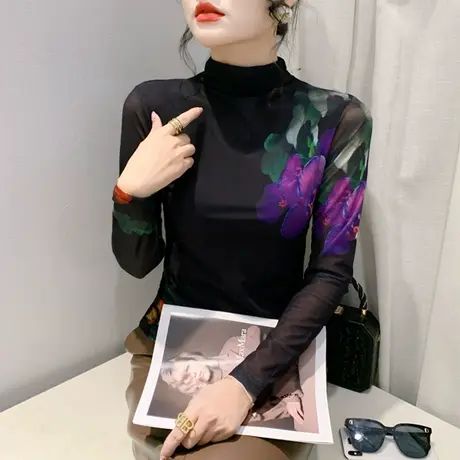 半高领打底衫女长袖网纱印花时尚复古洋气减龄内塔上衣修身T恤潮图片