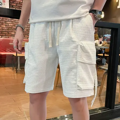 夏季男潮流百搭高级工装设计感痞帅纯色华夫格口袋五分短裤卫裤商品大图