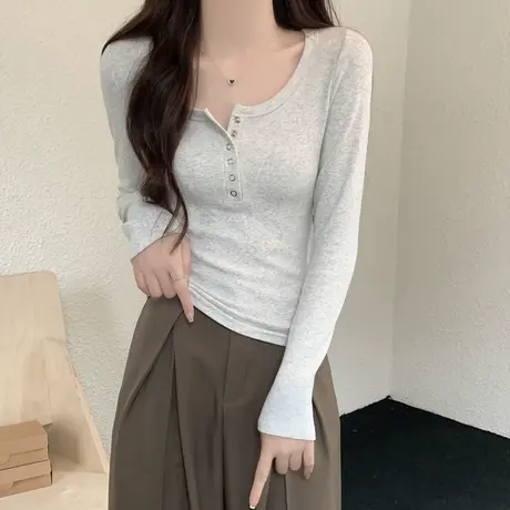 半开领纽扣纯棉长袖t恤女2023秋冬新款百搭锁骨紧身短款打底上衣图片