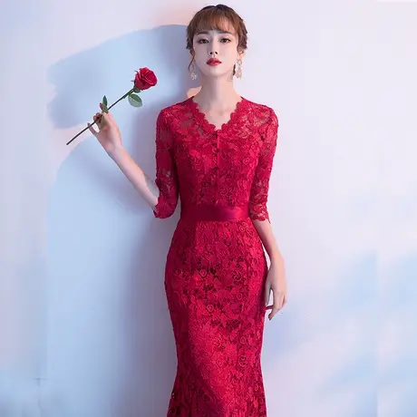 鱼尾敬酒服新娘2023新款夏季酒红色结婚订婚便装礼服平时可穿V领商品大图