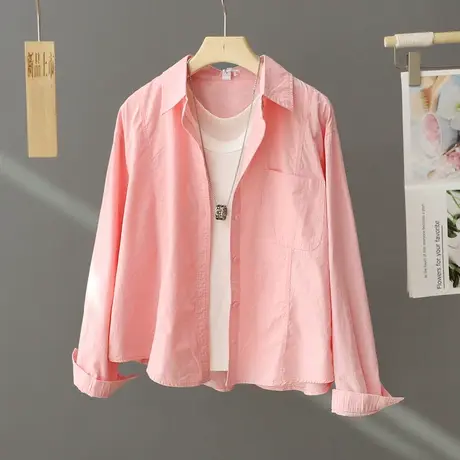 韩系休闲长粉色袖衬衫女小个子短款2024春季新款宽松上衣衬衣外套图片