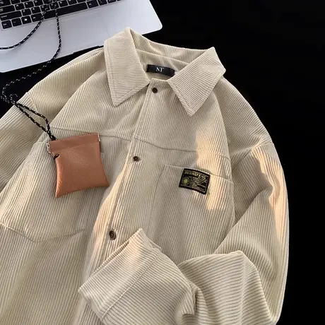 港风复古加绒灯芯绒衬衫男款韩系潮流秋冬装情侣宽松上衣休闲外套图片