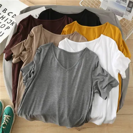 薄款冰丝凉爽t恤女夏基础款百搭宽松显瘦纯色V领短袖打底衫上衣潮商品大图