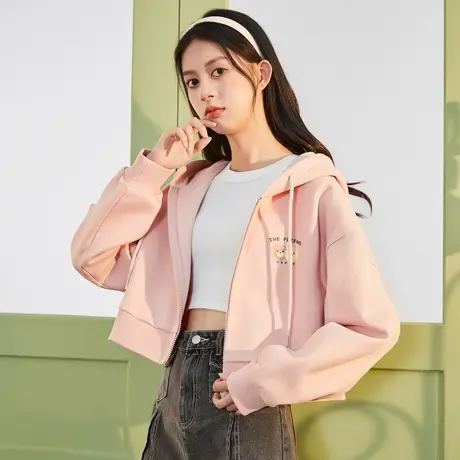唐狮春秋季卫衣女短款连帽开衫外套宽松设计感甜美上衣运动美式图片