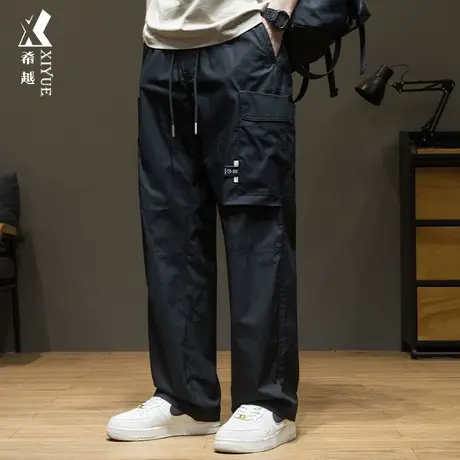 希越美式潮牌大口袋休闲裤子男2024春季新款宽松直筒黑色工装长裤商品大图
