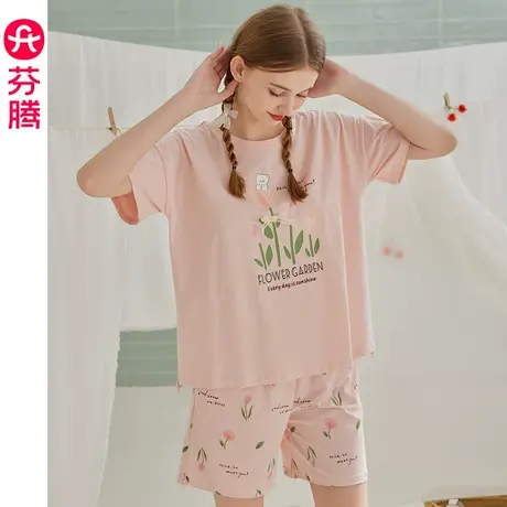 芬腾睡衣女夏季新款纯棉短袖圆领套头套装女款休闲大码全棉家居服商品大图