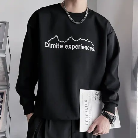 春季美式设计感字母卫衣男小众简约休闲上衣潮牌圆领长袖T恤男装商品大图