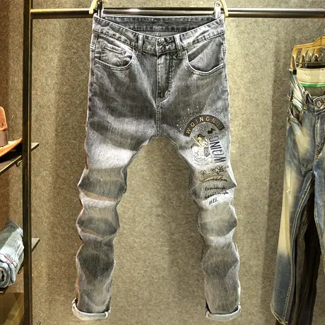 2024年黑灰色设计师款男士牛仔裤修身小脚裤高端潮牌烫钻百搭长裤图片