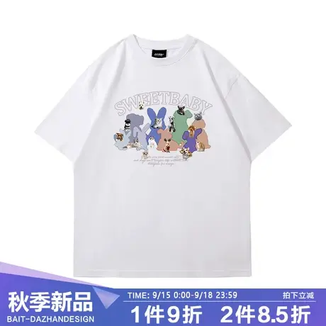 韩系INS风超火爆款短袖情侣衣服小众设计感猫猫狗狗圆领夏季体恤商品大图