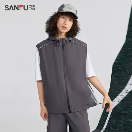 三福2024夏季男士运动风马甲 时尚户外连帽宽松上衣男483307商品大图