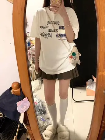 纯棉短袖t恤女oversize港风chic美式复古小个子潮牌宽松半袖上衣商品大图