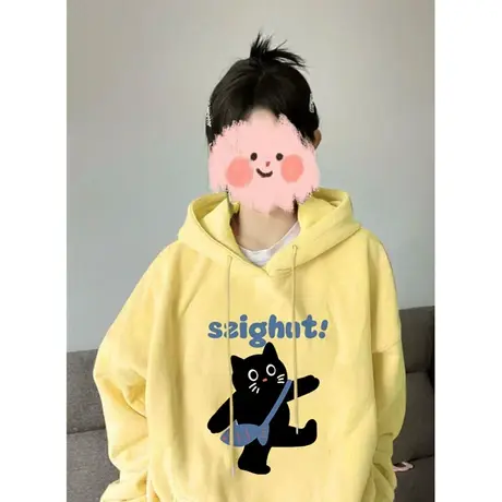 银狐绒连帽黄色卫衣女秋冬季2024新款加绒加厚宽松慵懒风上衣外套商品大图