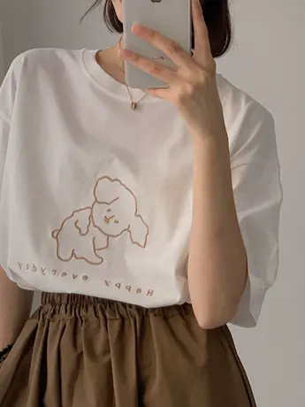 元气满满！立体小狗刺绣2024夏季新款纯色百搭圆领短袖女T恤上衣图片