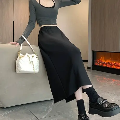 黑色西装半身裙女小个子春夏2024新款开叉包臀裙中长款高腰a字裙图片