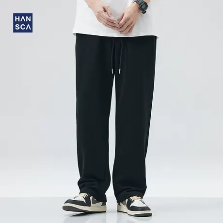 hansca黑色直筒休闲裤男大码春季新款简约纯色运动抽绳垂感拖地裤商品大图