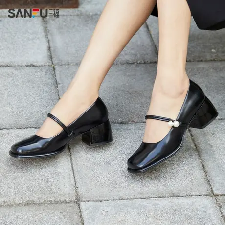 直播秒杀三福淑女单鞋2023夏季双珍珠设计气质小方头优雅时尚高跟商品大图