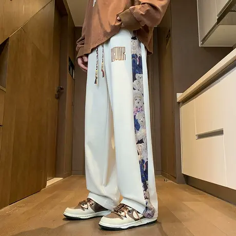 美式卫裤男春季新款潮牌直筒阔腿休闲长裤男生高街帅气小熊运动裤图片