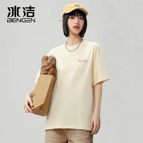 冰洁杏色短袖t恤女2024夏季新款潮牌休闲上衣男款重磅半袖夏装商品大图